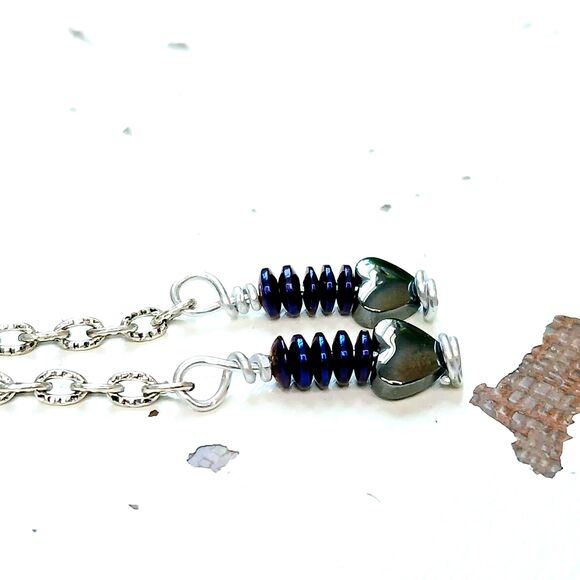 Hematite Crystal Heart Beaded Dangle Earrings, Long Earrings, 3" - Picture 3 of 4